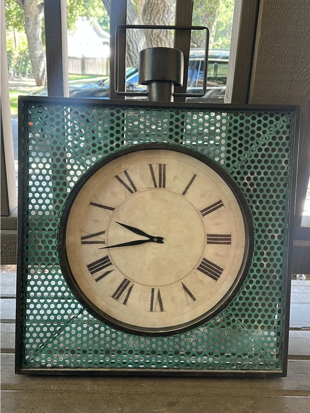Vintage-Style Green Metal Wall Clock with Roman Numerals